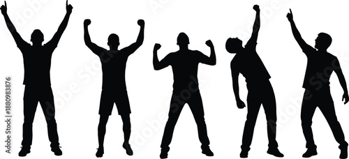 Silhouette set of happy men raising hands up, celebrating success and victory, excited winner concept, black vector illustration isolated on white background.