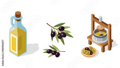 Isometric olive oil production: bottle, branches, and traditional press in detailed design