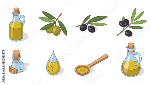 Isometric olive oil and branches collection with glass bottles and wooden spoon