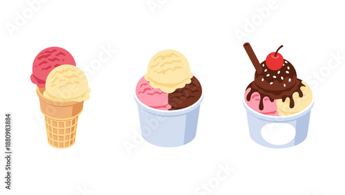 Colorful ice cream selection with cones and cups in isometric style