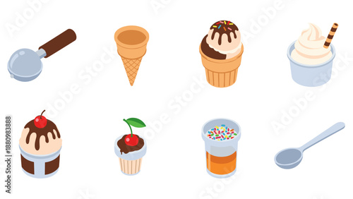 Assorted ice cream treats in isometric style with cones and toppings