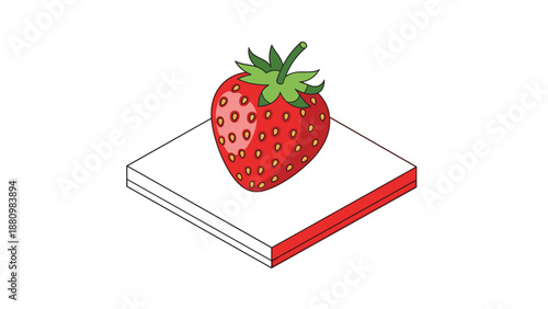 Isometric strawberry on white and red geometric platform
