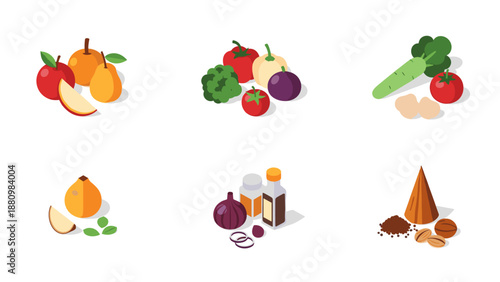 Colorful isometric fruit and vegetable icons set for healthy living