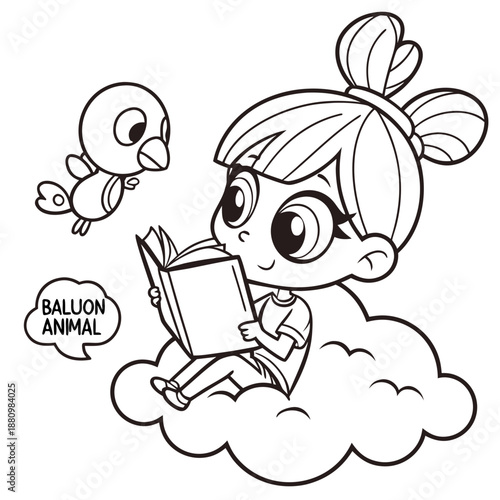 Cute Girl Reading a Book Fantasy Coloring Page
