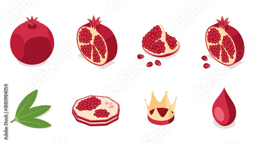Isometric pomegranate set: whole, sliced, seeds, leaves, crown, and juice drop