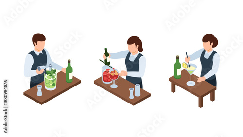 Bartender mixing cocktails: isometric style set of three diverse beverage preparations