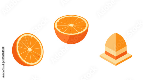 Fresh orange halves and juicer in isometric style on white background