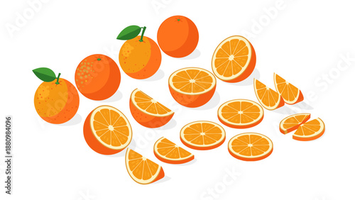 Fresh oranges with leaves and slices on white background in modern isometric style