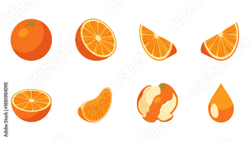Collection of fresh orange fruit slices and peels in flat design style