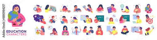 Cartoon Color Education Characters Students Scenes Concept Set Flat Design Style. Vector illustration of Different Research, Discipline and Art Project