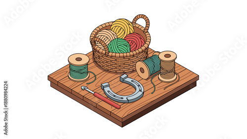 Craftsman workspace with yarn, hooks, and tools on wooden platform