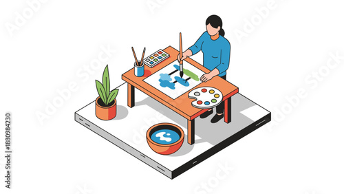 Artistic creativity in a home studio isometric scene featuring a painter at work
