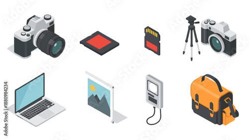 Isometric camera equipment set with icons of accessories and technology devices
