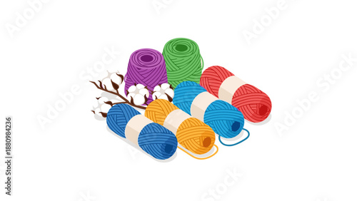 Colorful yarn and cotton branches on white background
