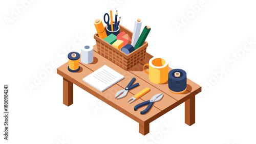 Creative crafting workspace with tools and supplies in isometric design