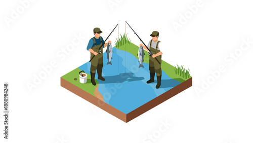 Isometric fishing scene with two men catching fish in a pond