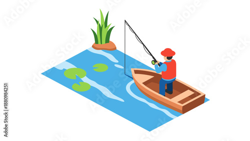 Isometric fishing scene: man in boat casting line on pond with lilies