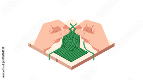 Hands knitting green yarn: crafting cozy art with needles and thread on canvas base