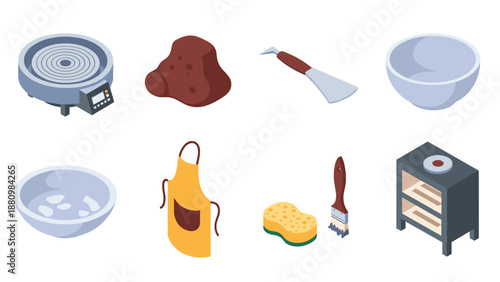 Isometric pottery tools and equipment set for ceramic crafting enthusiasts