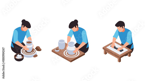 Creative isometric pottery making process: step-by-step ceramics art