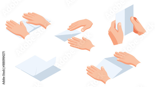 Step-by-step guide to folding envelopes with isometric hand illustrations