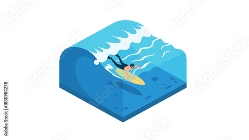 Surfer riding giant wave in isometric ocean scene