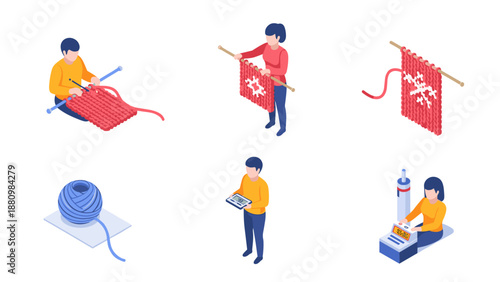 Isometric knitting process with tools and yarn: crafting patterns step-by-step