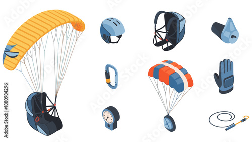 Isometric paragliding equipment set featuring helmets, harness, parachutes, and accessories