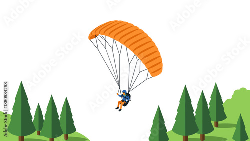 Minimalist paragliding adventure above forest with vibrant orange parachute