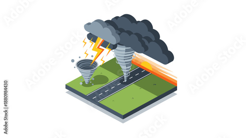Isometric tornado and storm clouds with lightning over countryside road