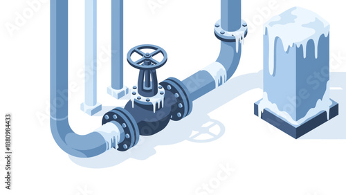 Isometric frozen pipes and valve with ice block in winter industrial scene