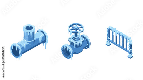 Frozen plumbing icons: winter-themed 3d pipe set with ice details