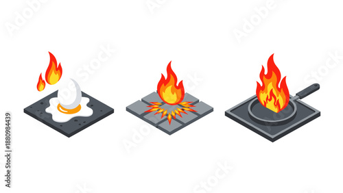 Isometric fire icons: flames on grid, cracked surface, frying pan