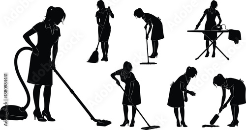Silhouette set of woman cleaning house, vacuuming, mopping, ironing and sweeping, domestic worker concept, black vector illustration isolated on white background.
