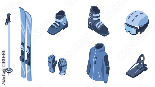 Skiing gear and equipment set in isometric style