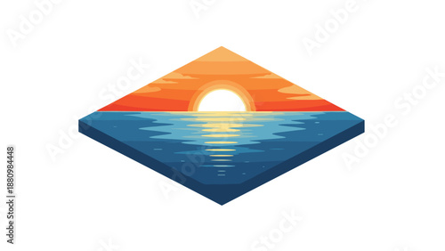 Geometric sunset over ocean with reflections in vibrant colors