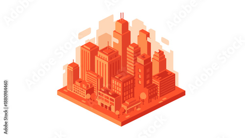 Isometric urban cityscape in vibrant orange tones with skyscrapers and trees