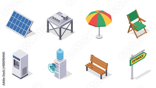 Isometric outdoor and office elements: solar panel, water cooler, beach umbrella, and more