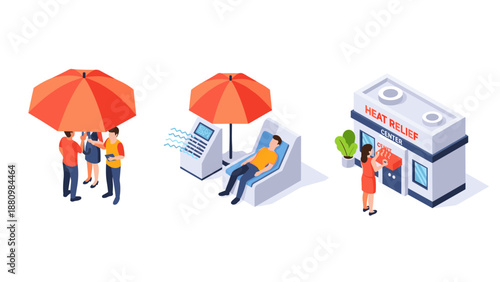 Isometric heat relief center and cooling station for public health and safety