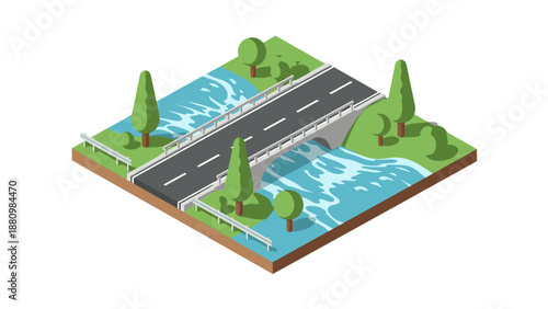 Isometric road bridge over river in scenic landscape with trees and waterways