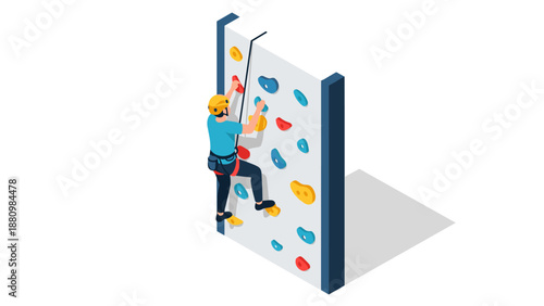 Isometric climbing wall with person ascending in safety gear
