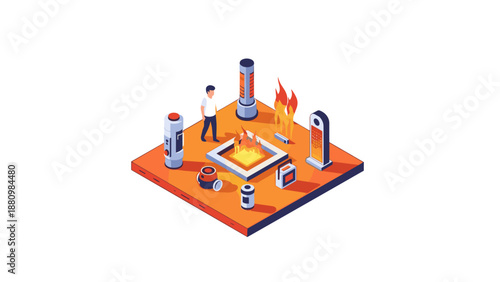 Isometric outdoor heating concept featuring fire pit and modern infrared heaters