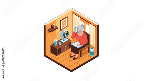 Elderly woman in isometric room keeping cool with fan on hot day