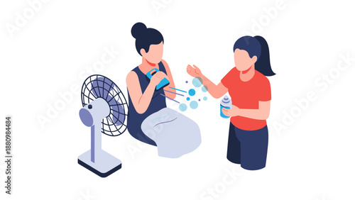 Isometric summer cooling scene with people, fan, and cooling spray
