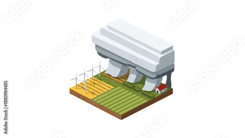 Isometric renewable energy farm with wind turbines and sustainable agriculture