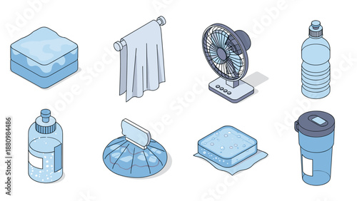 Collection of household isometric objects with blue accents for everyday use