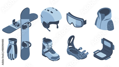 Essential snowboarding gear: boards, helmets, goggles, and more in isometric design