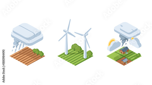 Isometric renewable energy and weather icons with wind turbines and storm clouds