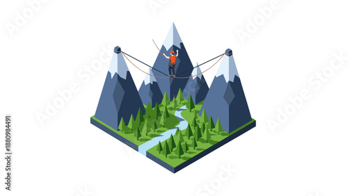 Isometric mountain landscape with tightrope walker above forest and river