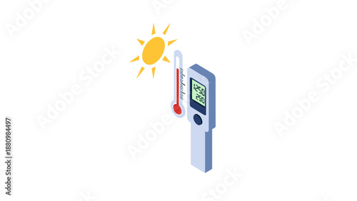 Isometric thermometer displaying high temperature with sun icon